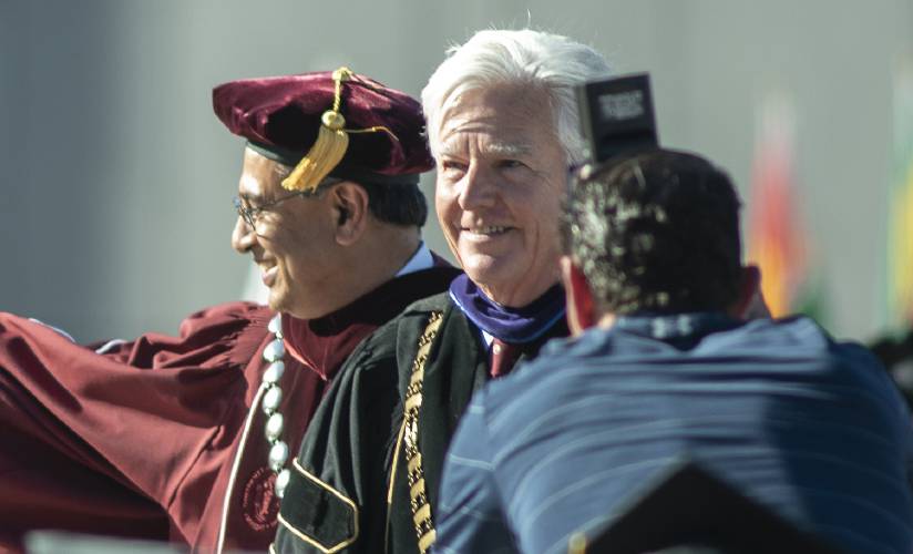 UMass President Martin Meehan takes part in UMass Amherst graduation exercises in 2022.