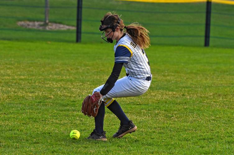 Hopkins Academy shortstop Maggie Potter tracks down a ground ball in shallow left field during action against Franklin Tech on Friday in Turners Falls.