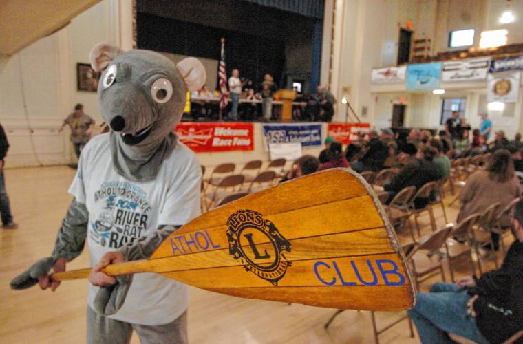 The River Rat Race mascot at the drawing at Athol Town Hall on Friday night before the race.