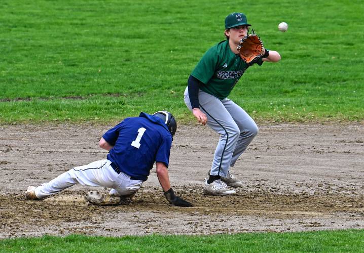 Greenfield’s Arthur Fitzpatrick catches the ball at second as Frontier’s Nico Fasulo dives back into the base on Thursday at Vets Field. 