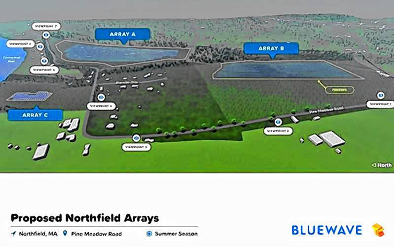 A site rendering created by BlueWave Solar shows where three future solar arrays will be located off of Pine Meadow Road in Northfield.