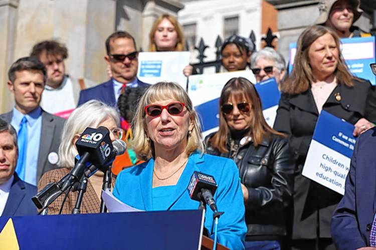 Senate President Karen Spilka speaks at a rally before the Senate takes up an early childhood education investment bill on March 14.