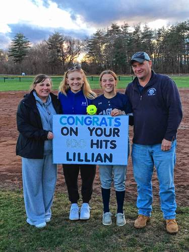 Franklin Tech’s Lilly Ross recorded the 100th hit of her varsity softball career during the Eagles’ 22-10 win over Northampton on Wednesday in Turners Falls.
