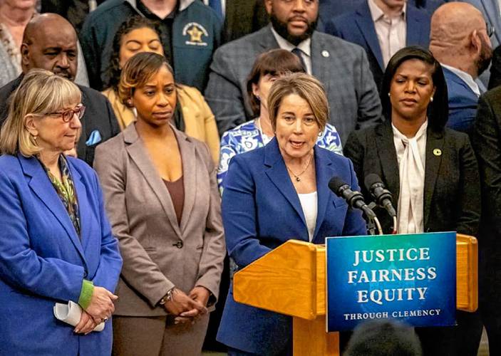 Gov. Maura Healey announces details of her proposed blanket pardon for simple cannabis possession at a Grand Staircase press conference on Wednesday. She is joined by, from left, Senate President Karen Spilka, Attorney General Andrea Campbell and Cannabis Control Commission acting Chair Ava Callender Concepcion.