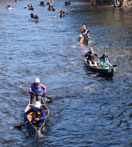 River Rat Race competitors make their way toward the finish line on the Millers River last April.