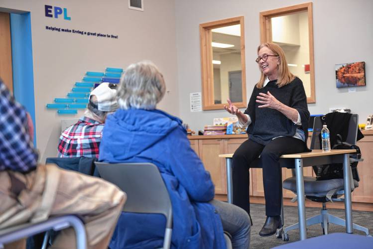 Laurie MacLeod discusses her experiences as a judge during a talk at the Erving Public Library on Tuesday.