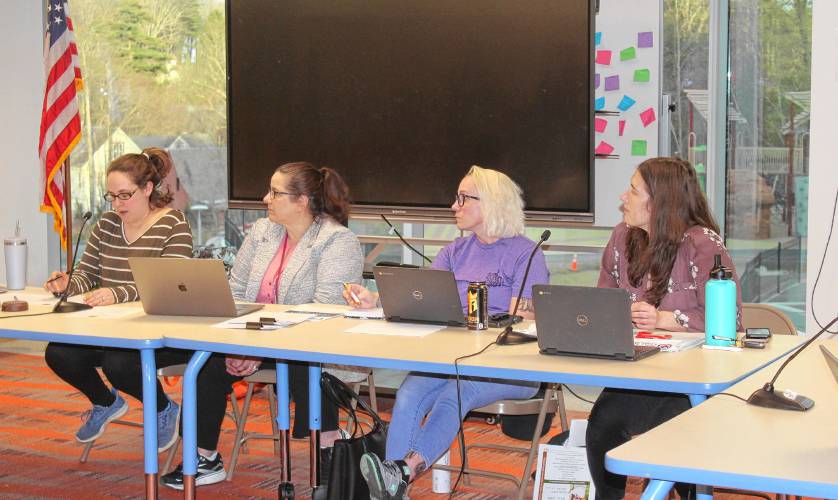 From left, Orange Elementary School Committee Chair Mallory Ellis, district Superintendent Elizabeth Zielinski, School Committee Secretary Jessica Reske and School Committee Vice Chair Josefa Scherer at a meeting at Fisher Hill School on Monday.