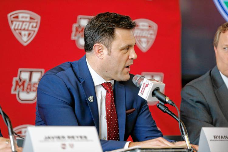 UMass Director of Athletics Ryan Bamford speaks during a press conference at the Martin Jacobson Football Performance Center earlier this month regarding the University of Massachusetts joining the Mid-American Conference.