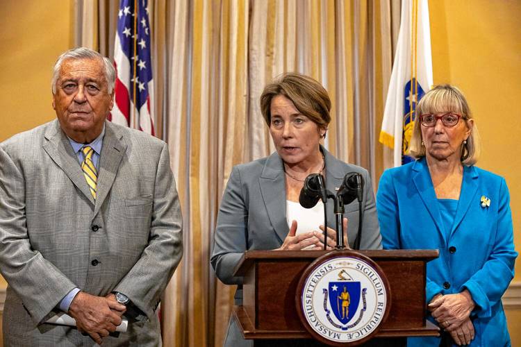 House Speaker Ronald Mariano, Gov. Maura Healey, and Senate President Karen Spilka take reporters' questions in the governor's lobby on Monday, Nov. 6.