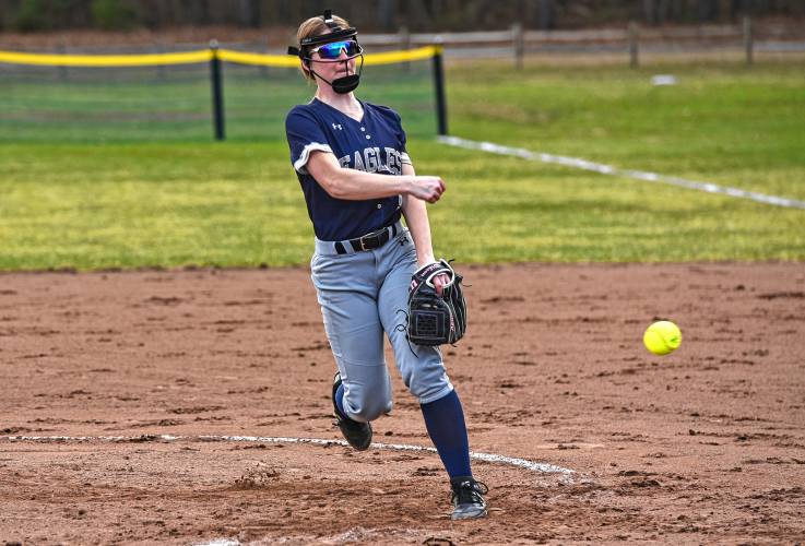 Franklin Tech’s Hannah Gilbert delivers a pitch against Wahconah during the Eagles’ season-opening victory in Turners Falls on Monday.