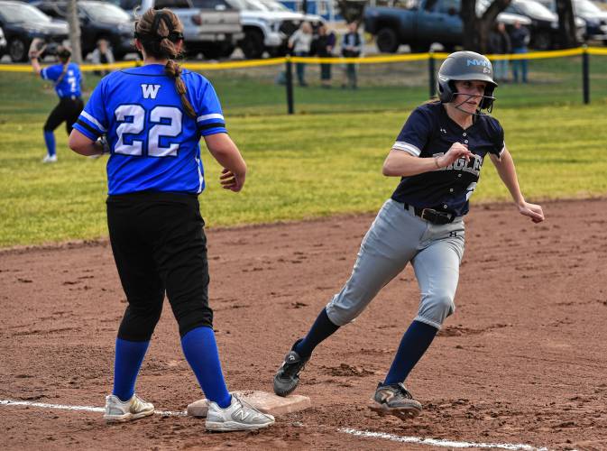 Franklin Tech’s Lilly Ross (2) touches third and heads toward home plate to score a run against Wahconah during the Eagles’ season-opening victory in Turners Falls on Monday.