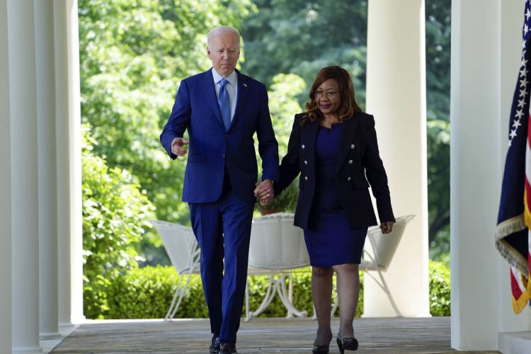 Catherine Coleman Flowers, shown here with President Joe Biden in April 2023,  was the keynote speaker for Black History Month at UMass last Thursday.  