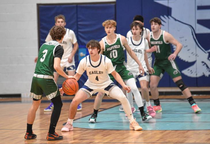 Greenfield’s Ollie Postera dribbles the ball while being defended by Franklin Tech’s Cameron Candeleria on Thursday in Turners Falls. 