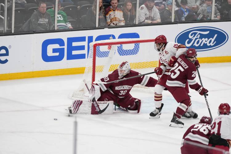 UMass goalie Michael Hrabal makes a save against Boston College in the Hockey East Tournament semifinals on Friday at TD Garden in Boston.