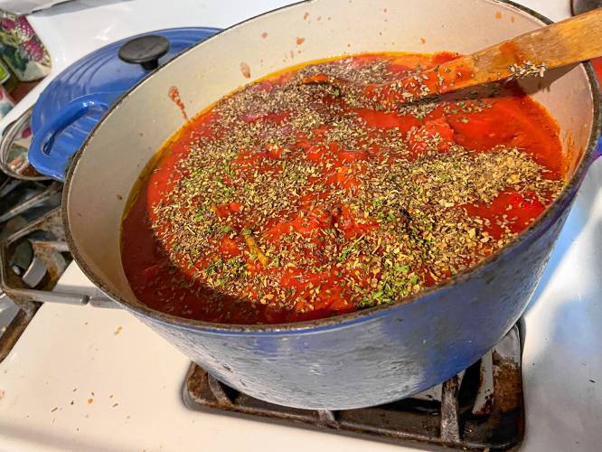 Tomato sauce sprinkled with dried basil.