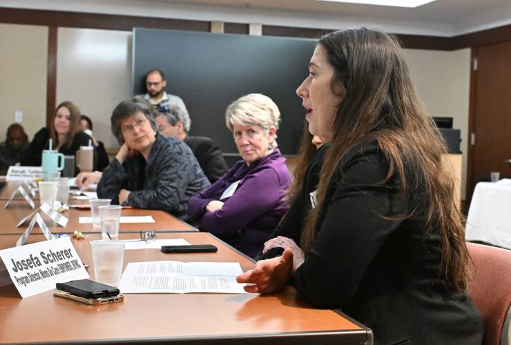 Josefa Scherer, program manager at Moms Do Care/EMPOWER, speaks at Baystate Franklin Medical Center in Greenfield on Tuesday to discuss the opioid epidemic response in western Massachusetts. 