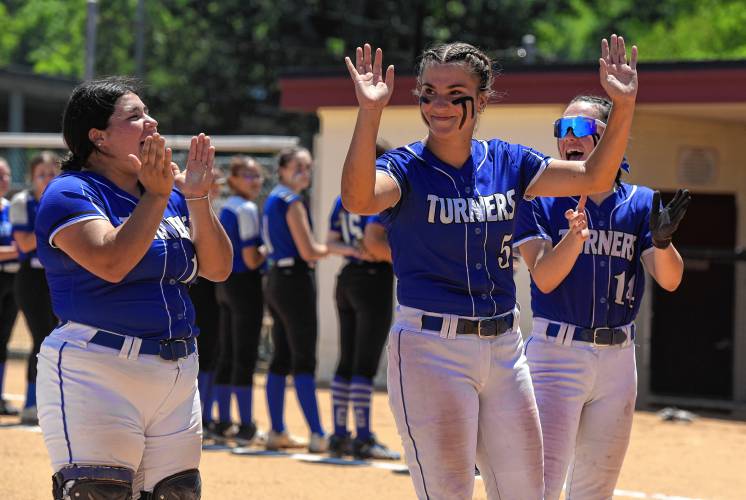 Turners Falls’ Madi Liimatainen (5) is introduced during pregame festivities against Georgetown in the MIAA Division 5 championship game on Saturday at Sortino Field on the campus of UMass. 