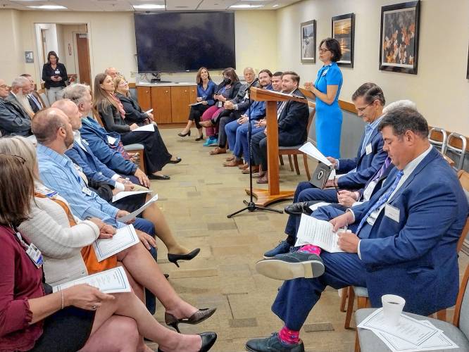 Heywood Healthcare President and CEO Rozanna Penney speaks at Thursday’s stakeholders meeting about the organization’s emergence from Chapter 11 bankruptcy protection.