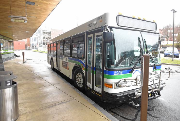 A Franklin Regional Transit Authority bus sits at the John W. Olver Transportation Center. 