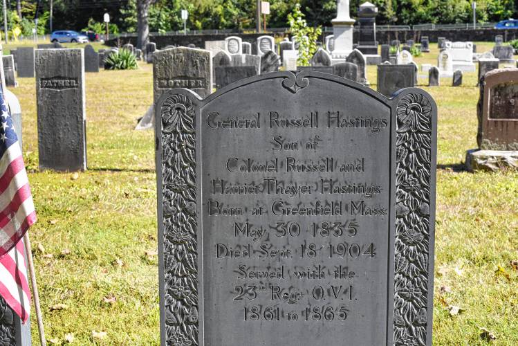 The headstone of Gen. Russell Hastings, who served in the American Civil War, in the High Street Cemetery in Greenfield.