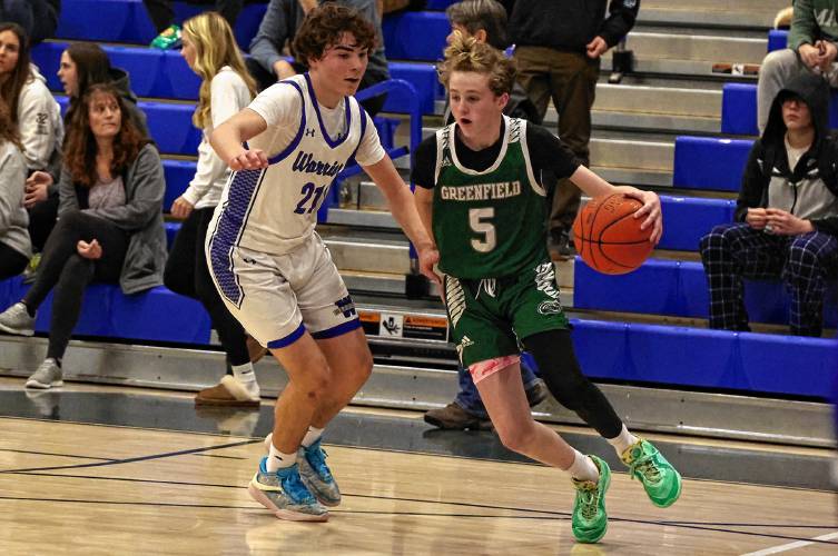 Greenfield’s Grayson Thomas (5) dribbles against Wahconah during the Green Wave’s 62-47 loss on Saturday night in Dalton.