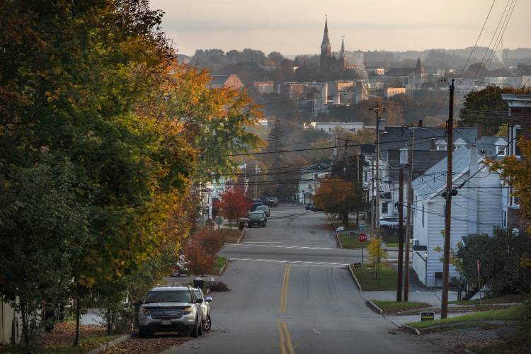 CORRECTS DATE TO OCT. 27, NOT OCT. 26 - The streets remain quiet in this view looking towards Lewiston, Maine, from the neighboring city of Auburn, as a lockdown remains in effect following this week's deadly mass shootings, Friday, Oct. 27, 2023. Police are still searching for the suspect who killed several people in separate shootings at a bowling alley and restaurant on Wednesday. (AP Photo/Robert F. Bukaty)