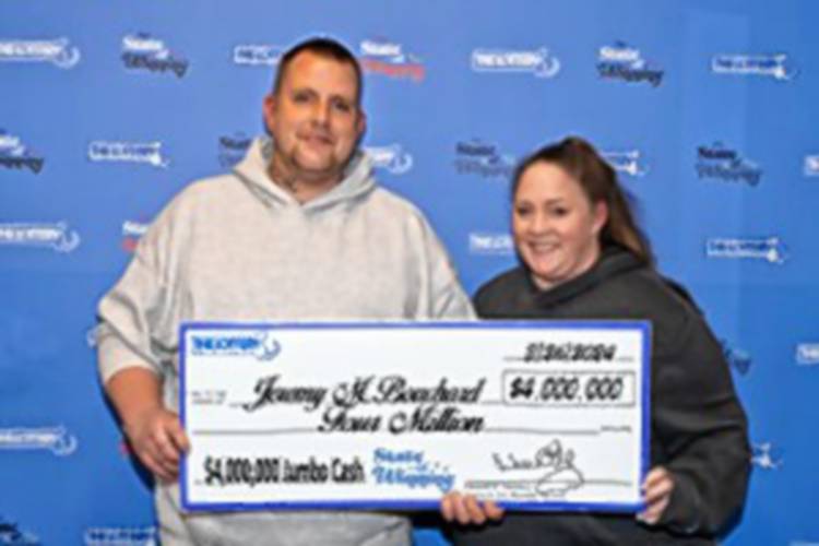 Jeremy Bouchard, of Erving, won $4 million in the Massachusetts State Lottery’s “$4,000,000 Jumbo Cash” game with an instant ticket he purchased at the Sandri convenience store and gas station at 416 Federal St. in Greenfield. He was joined by his partner, Victoria Gibson, when claiming his prize at the Lottery’s headquarters in Dorchester. He opted to receive a one-time payment of $2.6M (before taxes). The store receives a $40,000 bonus for its sale of the ticket.