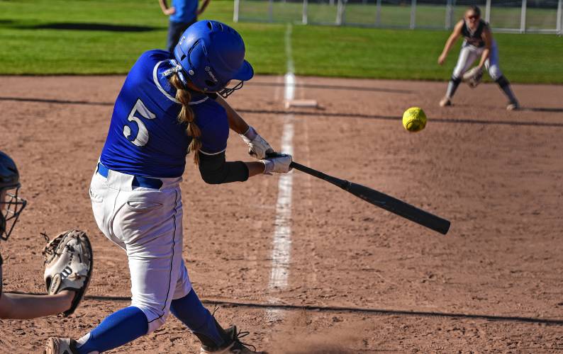 Turners Falls’ Madi Liimatainen (5) makes contact during the Thunder’s 6-3 victory over Frontier on Friday at Zabek Field in South Deerfield.