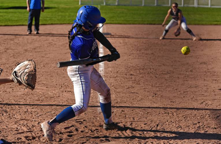Turners Falls’ Mia Marigliano makes contact during the Thunder’s 6-3 victory over Frontier on Friday at Zabek Field in South Deerfield.