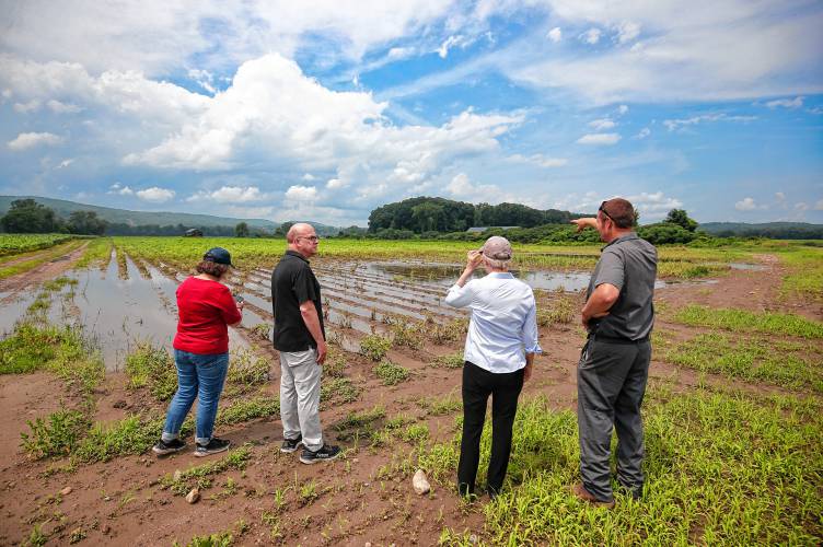 Mike Antonellis, owner of Antonellis Farm, right, looks out over his flood damaged fields with Senator Elizabeth Warren, Congressman Jim McGovern and state Sen. Jo Comerford in Deerfield this past summer.