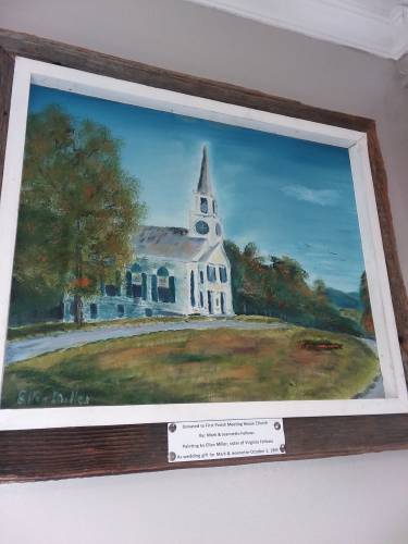  A painting of the First Parish Church and Meeting House was recently donated to First Parish by Mark and Jeannette Fellows of Warwick, who were married in the church in 1985. It was painted by Ellen Miller, an aunt of Mark’s, and was gifted to them. The painting is currently on display in the dining area of the Warwick Town Hall. 