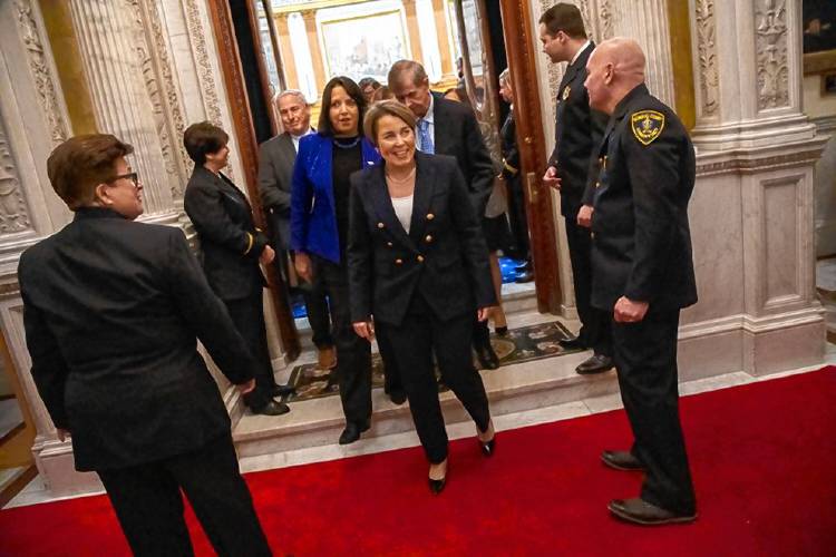 Gov. Maura Healey exits the House chamber on Jan. 17 after delivering her State of the Commonwealth speech to lawmakers.