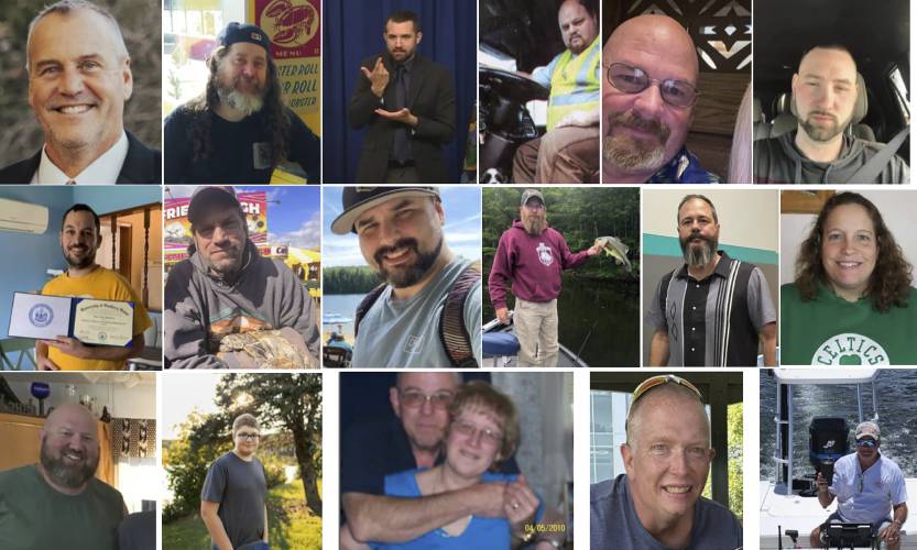 These photos provided by the Maine Department of Public Safety shows victims of the Maine Shooting, Top from left, Ronald G. Morin, Peyton Brewer-Ross, Joshua A. Seal, Bryan M. MacFarlane, Joseph Lawrence Walker, Arthur Fred Strout. Second row from left, Maxx A. Hathaway, Stephen M. Vozzella, Thomas Ryan Conrad, Michael R. Deslauiers II, Jason Adam, Tricia C. Asselin. Third Row from left, William A. Young, Aaron Young, Robert E. Violette and Lucille M. Violette, William Frank,...