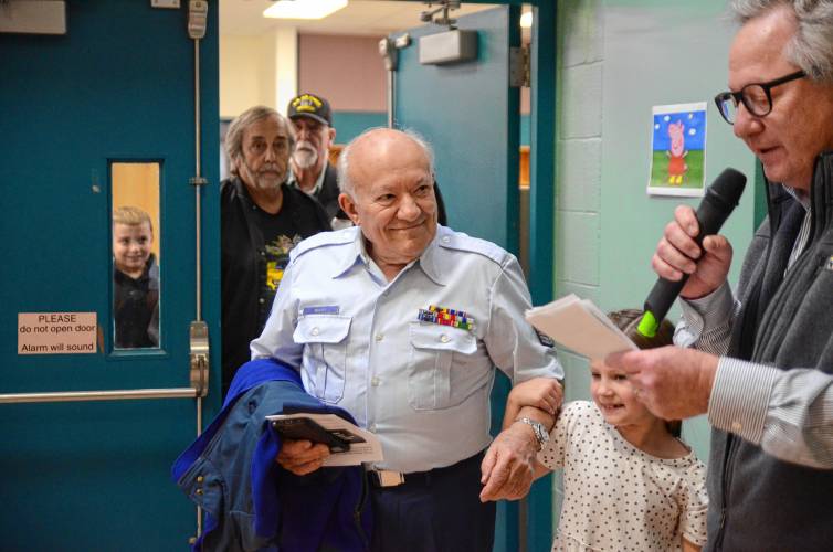U.S. Air Force veteran Joe Bucci is introduced during Erving Elementary School’s Veterans Day ceremony on Thursday.