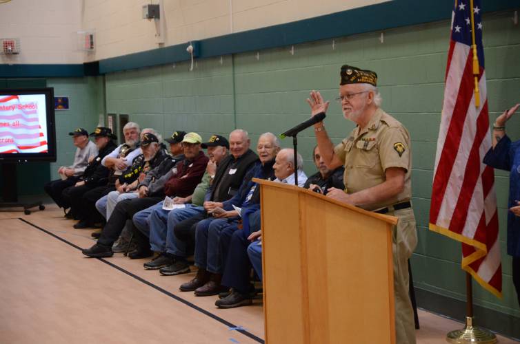 U.S. Army veteran Dan Hammock speaks during Erving Elementary School’s Veterans Day ceremony on Thursday.