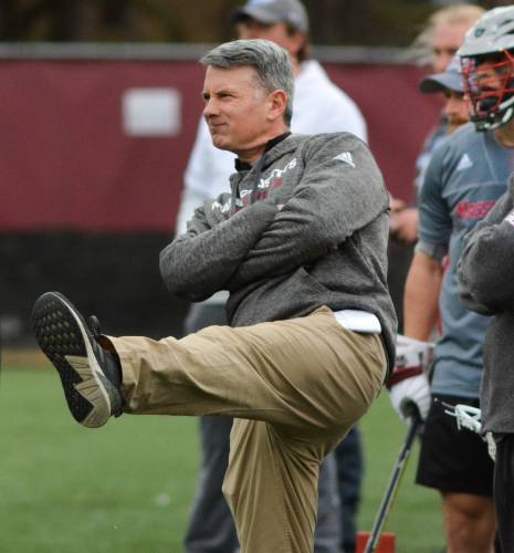 UMass men’s lacrosse head coach Greg Cannella watches action during a past game at Garber Field. Cannella and the Minutemen will look to stay in the Atlantic 10 as an affiliate member once the school moves its athletic programs to the MAC in 2025-26.