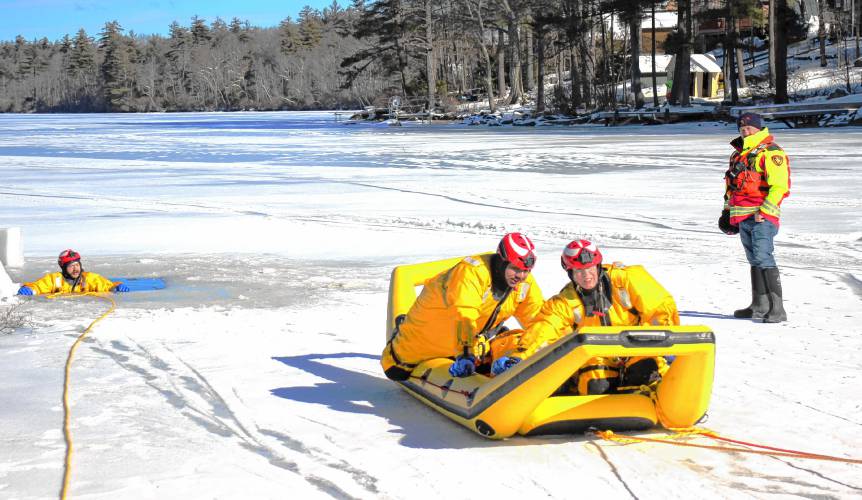 Members of the Phillipston and Petersham fire departments conducted ice rescue training at Queen Lake in Phillipston on Saturday, Feb. 3.