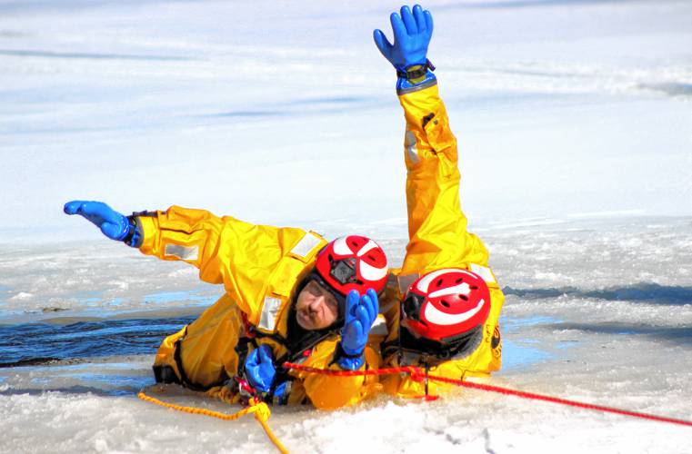 Members of the Phillipston and Petersham fire departments conducted ice rescue training at Queen Lake in Phillipston on Saturday, Feb. 3.