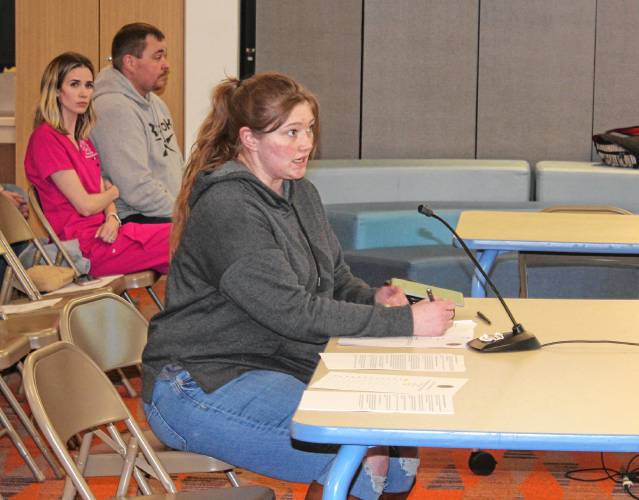 Sabrina Crandall speaks to the Orange Elementary School Committee on Monday about the school district hiring an unlicensed man as a licensed practical nurse at Fisher Hill School.