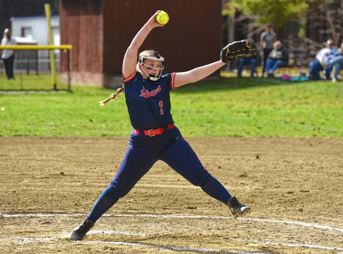 Mahar’s Gabby Matthews (2) delivers a pitch against Northampton during Franklin County League East action on Monday in Orange.