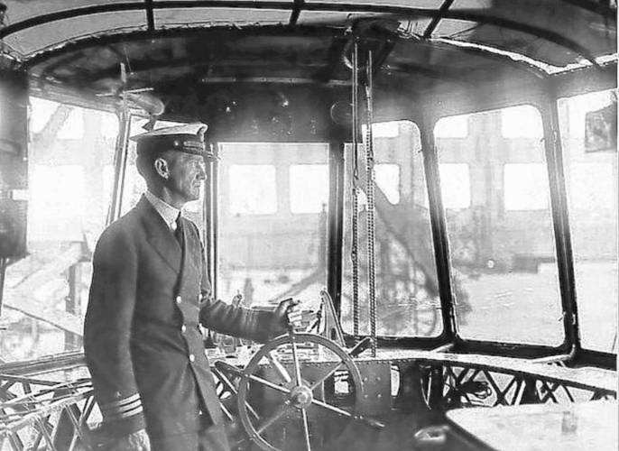 Commander Frank McCrary at the helm of the USS Shenandoah, a Navy airship which flew over Orange on Nov. 20, 1923.