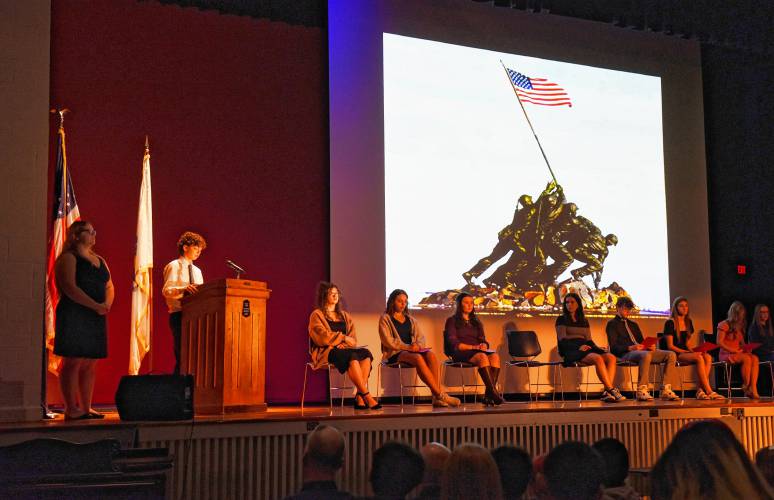 Student speakers acknowledge our country’s past conflicts during a Veterans Day assembly at Ralph C. Mahar Regional School in Orange on Thursday.