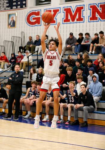 Athol’s Angel Castillo (5) hits an open shot against Frontier in the second quarter Thursday at Goodnow Gymnasium in South Deerfield.