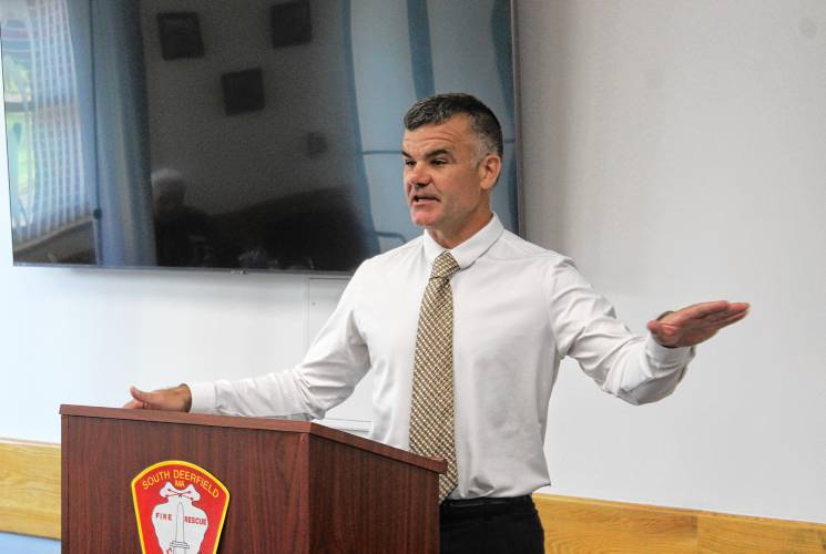 Deerfield Police Chief John Paciorek Jr. speaks at a celebration of the transition to the Commonwealth of Massachusetts Interoperable Radio System (CoMIRS) while at the South Deerfield Fire District on Friday afternoon.