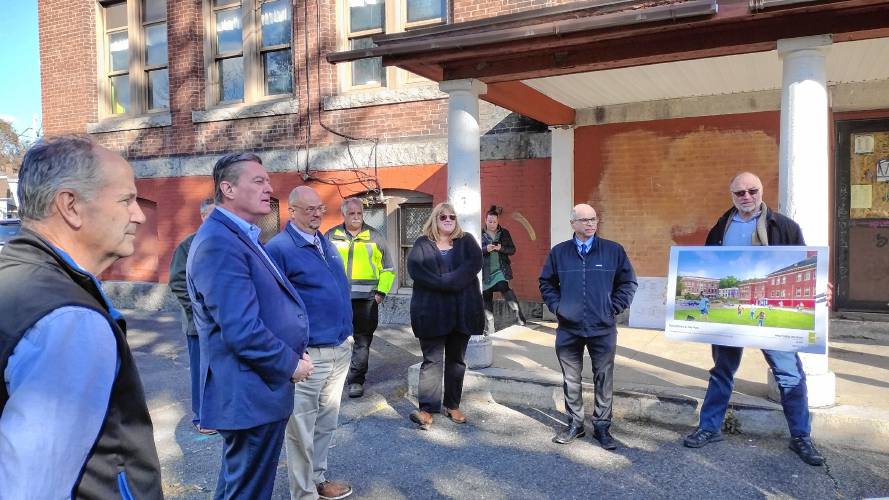 Massachusetts Housing and Livable Communities Secretary Ed Augustus (second from left) discusses the Healey administration’s commitment to expanding affordable housing opportunities in the commonwealth during a visit to Athol on Nov. 2. 
