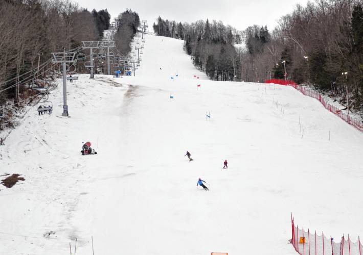 Skiers traverse the main slope of Berkshire East Mountain Resort in Charlemont and Hawley recently.