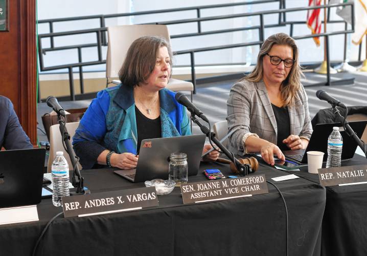 Sen Jo Comerford and Rep Natalie Blais at the budget hearings of the Joint Committee on Ways and Means at Greenfield community College on Friday. 