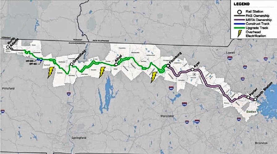 A MassDOT rendering of the potential Northern Tier rail route from North Adams to Boston with electrified service, as laid out in the study's A MassDOT rendering of the potential Northern Tier rail route from North Adams to Boston with electrified service, as laid out in the study's