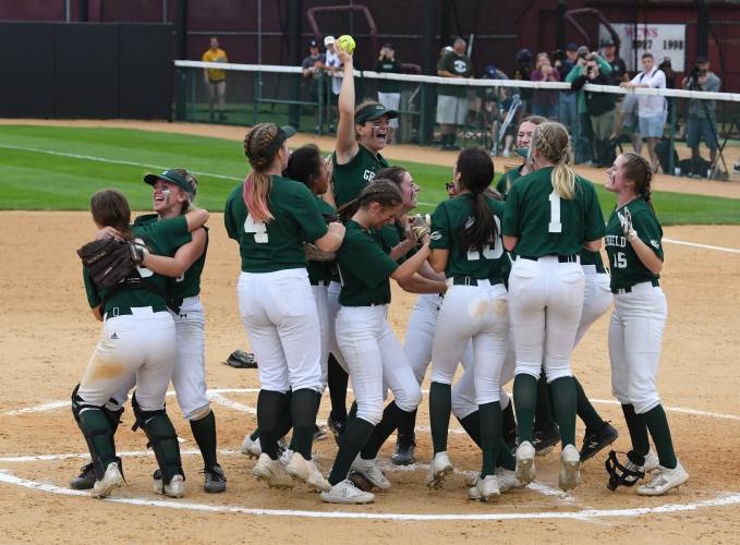 Greenfield celebrates beating Turners Falls in the MIAA Div.  5 state championship game at Sortino Field at the University of Massachusetts last year. 