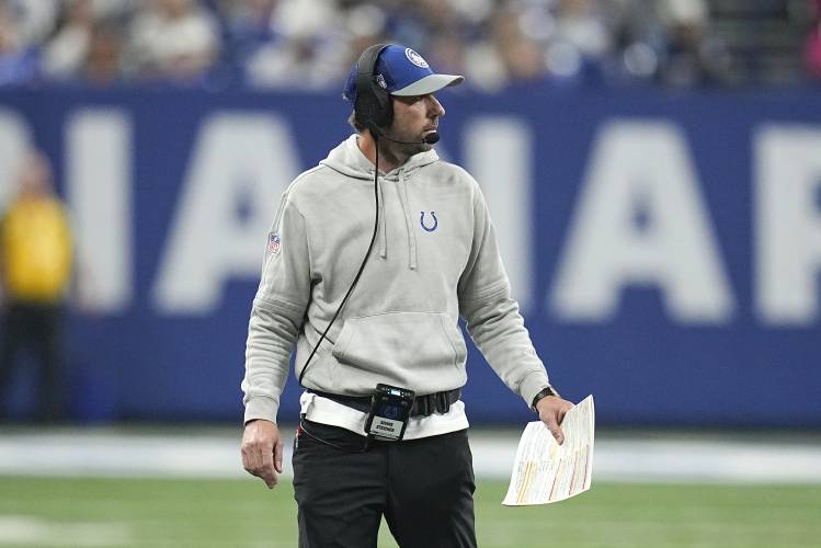 Indianapolis Colts head coach Shane Steichen watches against the New Orleans Saints during the first half of an NFL football game Sunday, Oct. 29, 2023 in Indianapolis. (AP Photo/Darron Cummings)